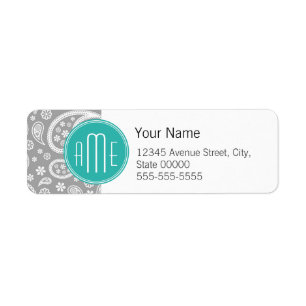Chic Floral Gray Paisley Pattern & Blue Monogram Etiket