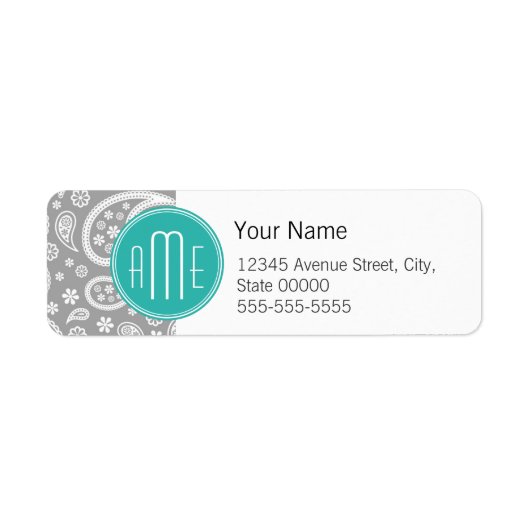 Chic Floral Gray Paisley Pattern & Blue Monogram Etiket (Voorkant)