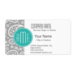Chic Floral Gray Paisley Pattern & Blue Monogram Etiket