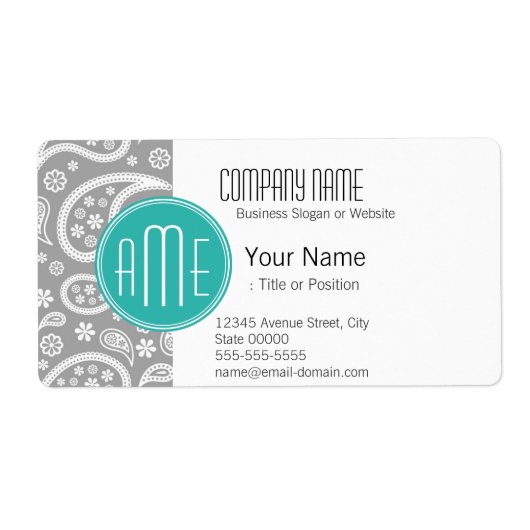 Chic Floral Gray Paisley Pattern & Blue Monogram Etiket (Voorkant)