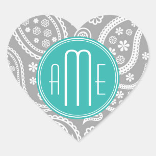 Chic Floral Gray Paisley Pattern & Blue Monogram Hart Sticker
