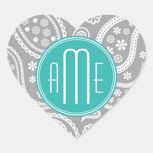 Chic Floral Gray Paisley Pattern & Blue Monogram Hart Sticker (Voorkant)