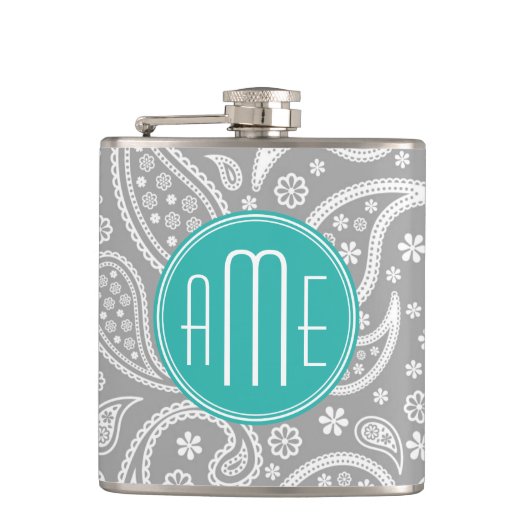 Chic Floral Gray Paisley Pattern & Blue Monogram Heupfles (Voorkant)