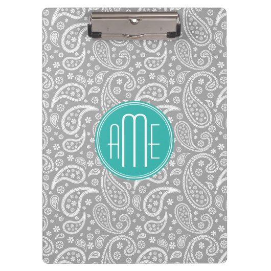 Chic Floral Gray Paisley Pattern & Blue Monogram Klembord (Voorkant)