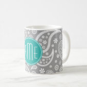 Chic Floral Gray Paisley Pattern & Blue Monogram Koffiemok (Voorkant rechts)