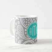 Chic Floral Gray Paisley Pattern & Blue Monogram Koffiemok (Voorkant links)