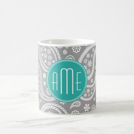 Chic Floral Gray Paisley Pattern & Blue Monogram Koffiemok (Center)