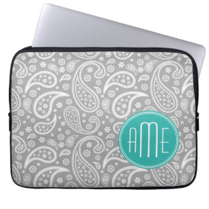Chic Floral Gray Paisley Pattern & Blue Monogram Laptop Sleeve