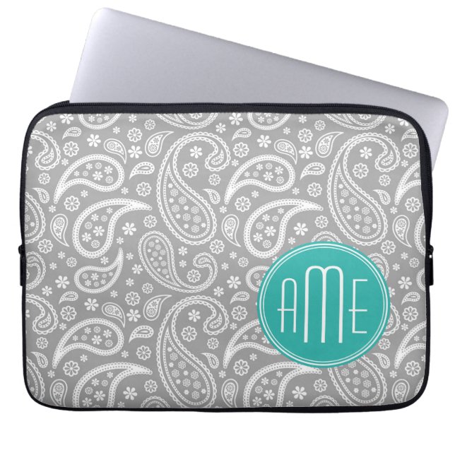 Chic Floral Gray Paisley Pattern & Blue Monogram Laptop Sleeve (Voorkant)