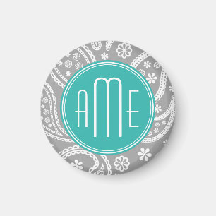 Chic Floral Gray Paisley Pattern & Blue Monogram Magneet