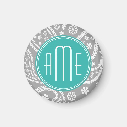 Chic Floral Gray Paisley Pattern & Blue Monogram Magneet (Voorkant)