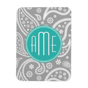 Chic Floral Gray Paisley Pattern & Blue Monogram Magneet