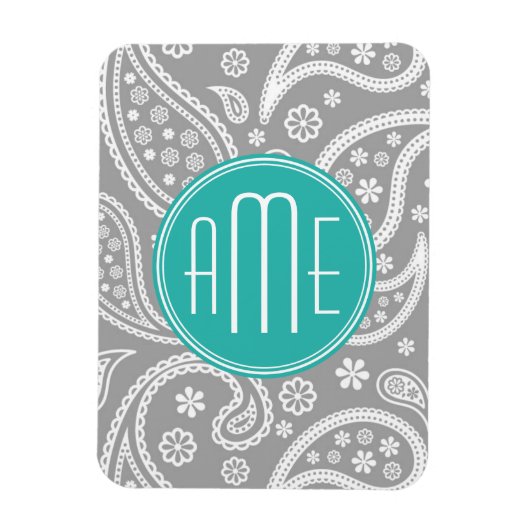 Chic Floral Gray Paisley Pattern & Blue Monogram Magneet (Verticaal)