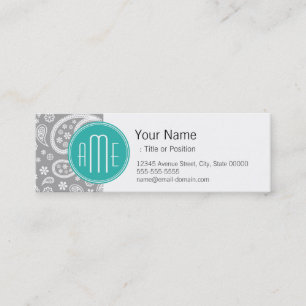 Chic Floral Gray Paisley Pattern & Blue Monogram Mini Visitekaartje