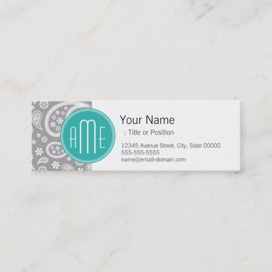 Chic Floral Gray Paisley Pattern & Blue Monogram Mini Visitekaartje (Voorkant)