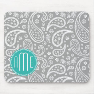 Chic Floral Gray Paisley Pattern & Blue Monogram Muismat