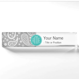 Chic Floral Gray Paisley Pattern & Blue Monogram Naambordje