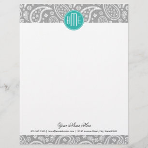 Chic Floral Gray Paisley Pattern & Blue Monogram Persoonlijk Briefhoofd