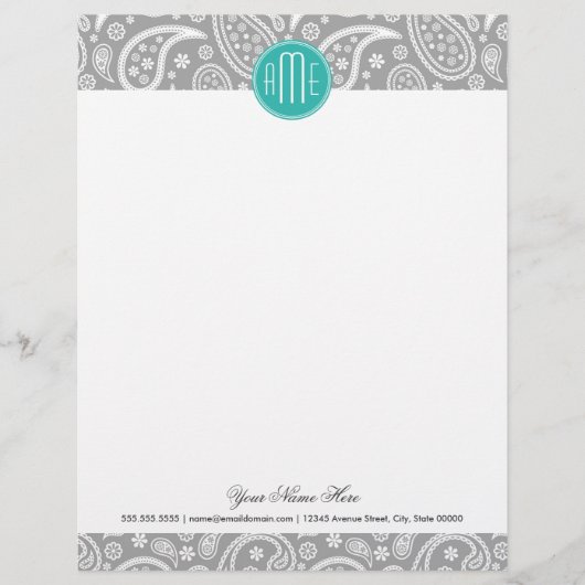 Chic Floral Gray Paisley Pattern & Blue Monogram Persoonlijk Briefhoofd (Voorkant)