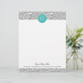 Chic Floral Gray Paisley Pattern & Blue Monogram Persoonlijk Briefhoofd (Staand voorkant)