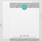 Chic Floral Gray Paisley Pattern & Blue Monogram Persoonlijk Briefhoofd (Voorkant / Achterkant)