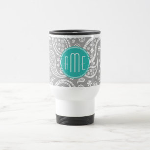 Chic Floral Gray Paisley Pattern & Blue Monogram Reisbeker