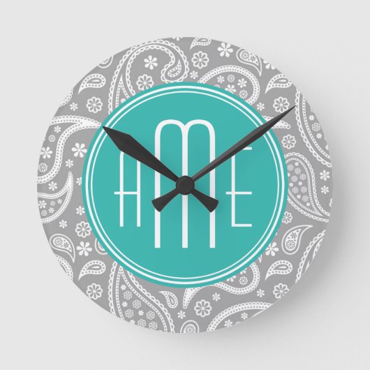 Chic Floral Gray Paisley Pattern & Blue Monogram Ronde Klok (Voorkant)