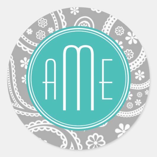 Chic Floral Gray Paisley Pattern & Blue Monogram Ronde Sticker (Voorkant)