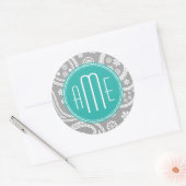 Chic Floral Gray Paisley Pattern & Blue Monogram Ronde Sticker (Envelop)