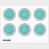 Chic Floral Gray Paisley Pattern & Blue Monogram Ronde Sticker (Vel)