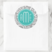 Chic Floral Gray Paisley Pattern & Blue Monogram Ronde Sticker (Tas)