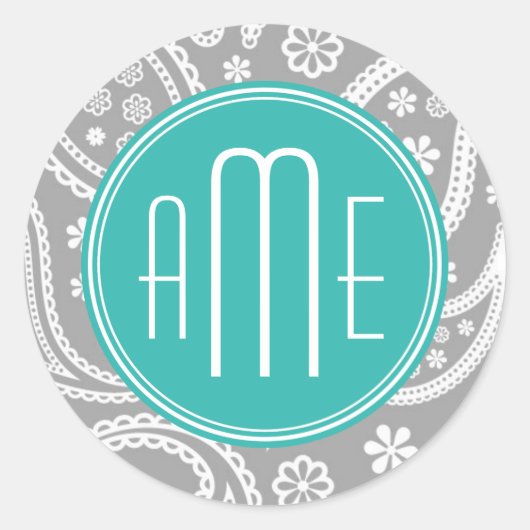 Chic Floral Gray Paisley Pattern & Blue Monogram Ronde Sticker (Voorkant)