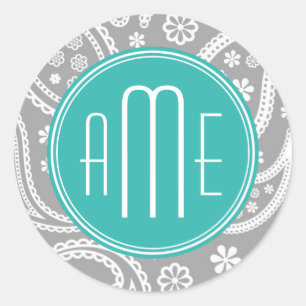 Chic Floral Gray Paisley Pattern & Blue Monogram Ronde Sticker