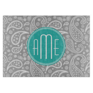 Chic Floral Gray Paisley Pattern & Blue Monogram Snijplank