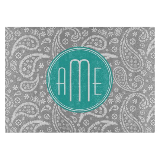 Chic Floral Gray Paisley Pattern & Blue Monogram Snijplank (Voorkant)