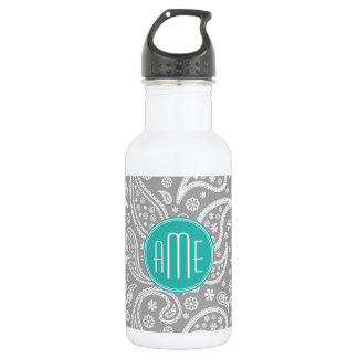 Chic Floral Gray Paisley Pattern & Blue Monogram Waterfles