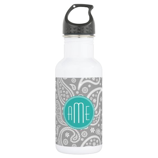 Chic Floral Gray Paisley Pattern & Blue Monogram Waterfles (Voorkant)