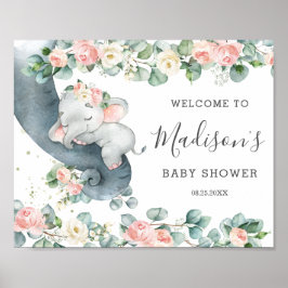 Chic Floral Greenery Elephant Baby shower Welkom Poster
