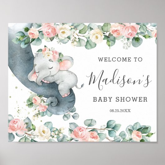 Chic Floral Greenery Elephant Baby shower Welkom Poster (Voorkant)