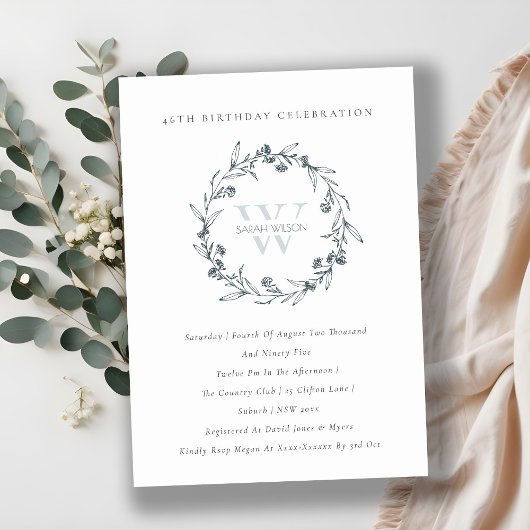 Chic Floral Laurel Wreate any Age Birthday Invite Bedankkaart