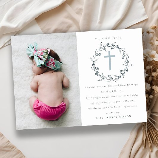 Chic Floral Laurel Wreath Dusky Blue Gray Baptisme Bedankkaart