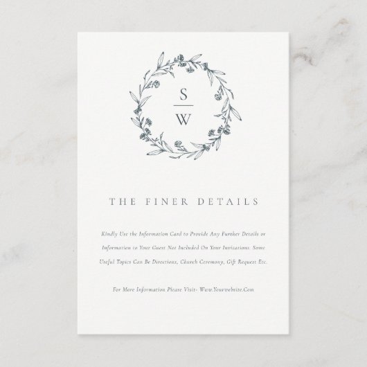 Chic Floral Laurel Wreath Monogram Weddenschap Det Informatiekaartje (Voorkant)