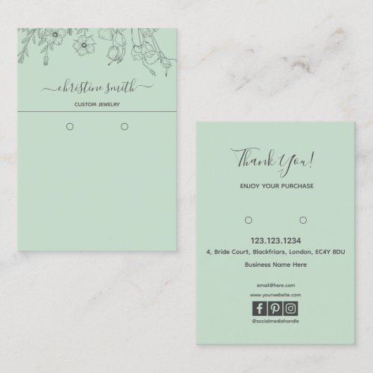 Chic Floral Light Blauwgroen Botanical Earring Car Visitekaartje (Voorkant / Achterkant)