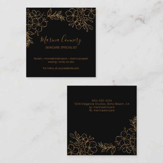 Chic Floral Line Drawing Black and Gold Vierkante Visitekaartje (Voorkant / Achterkant)