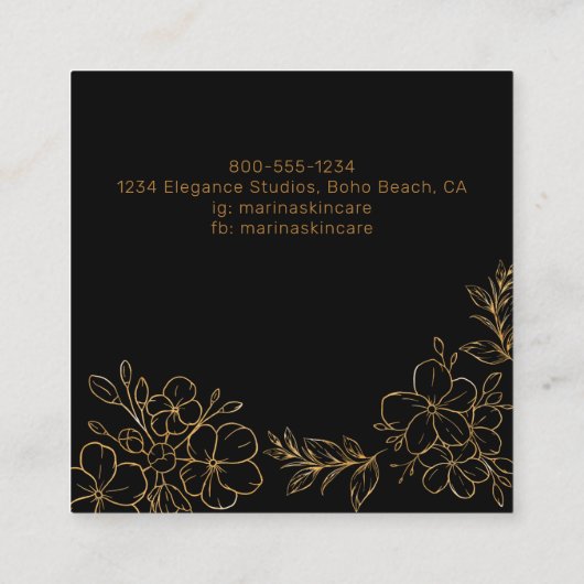 Chic Floral Line Drawing Black and Gold Vierkante Visitekaartje (Achterkant)