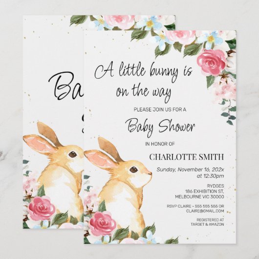 Chic Floral Little Bunny Baby shower Invitation Kaart (Voorkant / Achterkant)