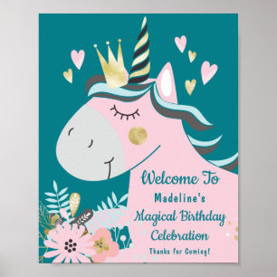 Chic Floral Magical Unicorn Girly Birthday Welkom Poster