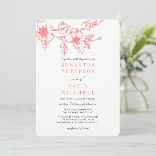 Chic Floral Magnolia Branch | Koraal | Weddenschap Kaart (Staand voorkant)