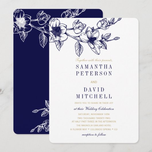 Chic Floral Magnolia Branch Navy Blue GOLD Wedding Kaart (Voorkant / Achterkant)