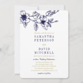 Chic Floral Magnolia Branch Navy Blue GOLD Wedding Kaart (Voorkant)